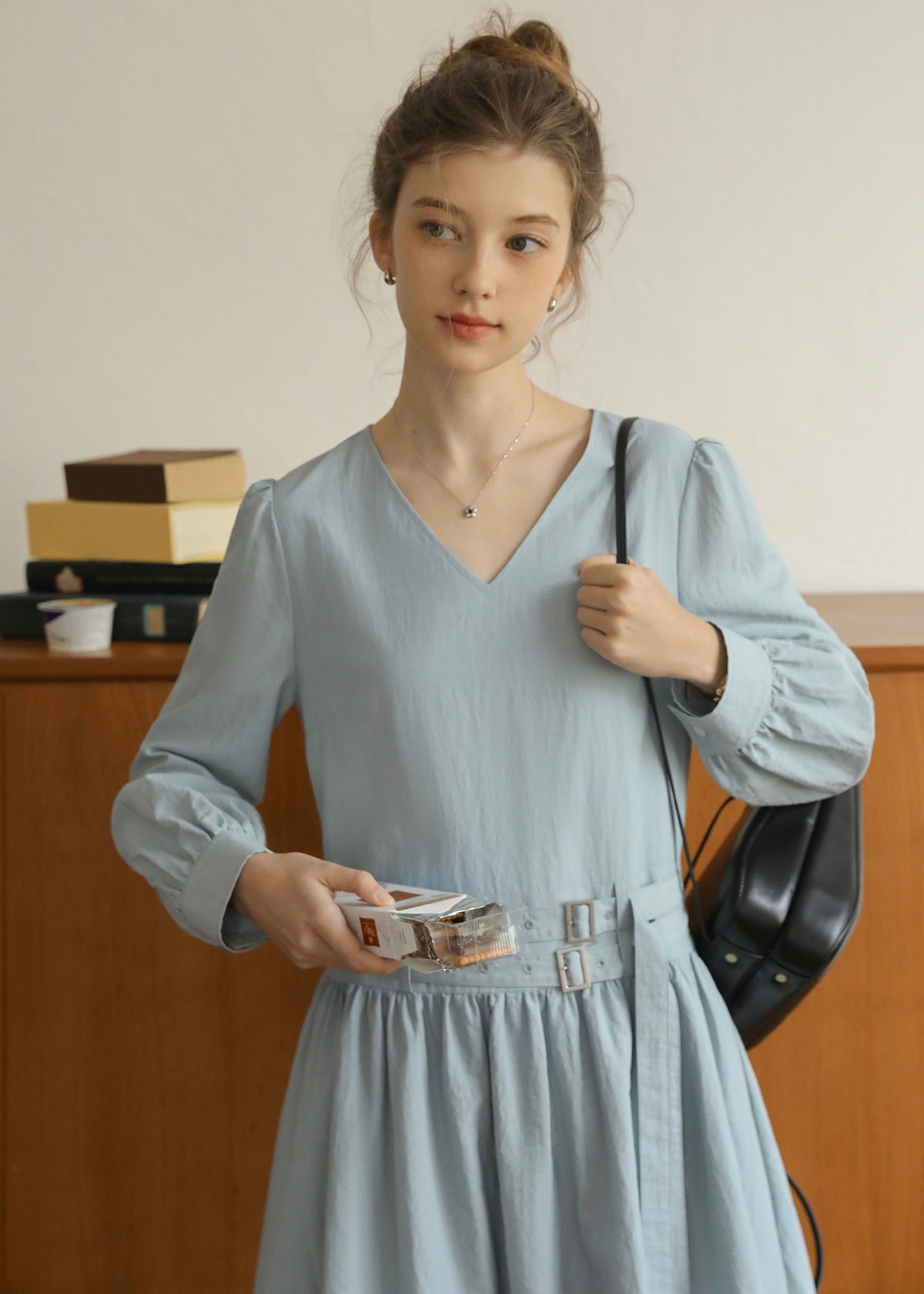 Soft Mist Belted Vintage Pastel Blue Dress