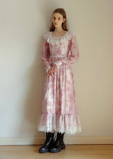 Rose Mist Lace Collar Romantic Vintage Long Dress