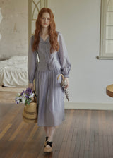 Vintage Ribbon Embroidered Blouse & Pleated Skirt Set