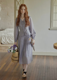Vintage Ribbon Embroidered Blouse & Pleated Skirt Set