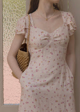 Pink Floral Flutter Sleeve Dress