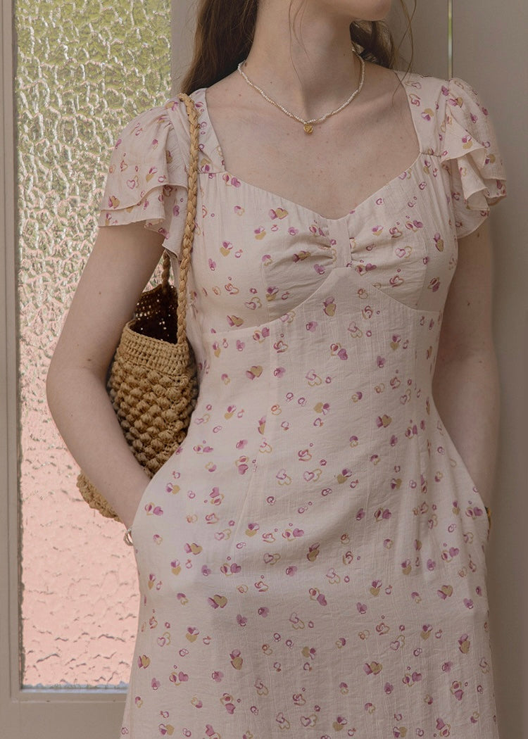 Pink Floral Flutter Sleeve Dress