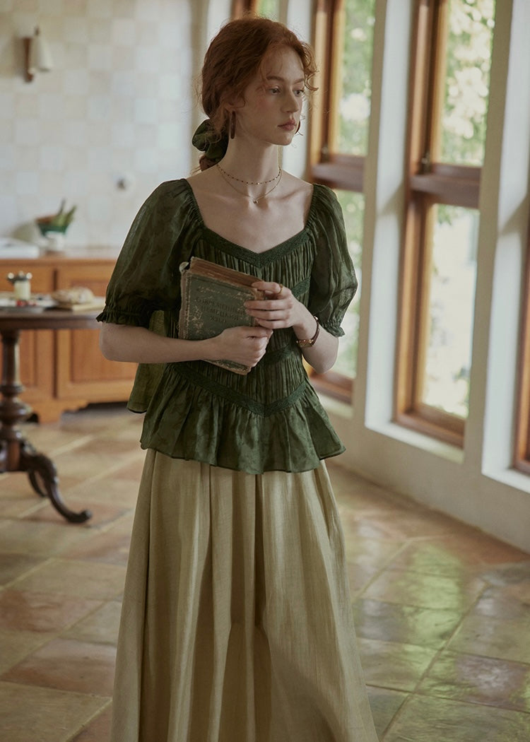 Château Garden Pintuck Blouse | Vintage Dark Green Peplum Top