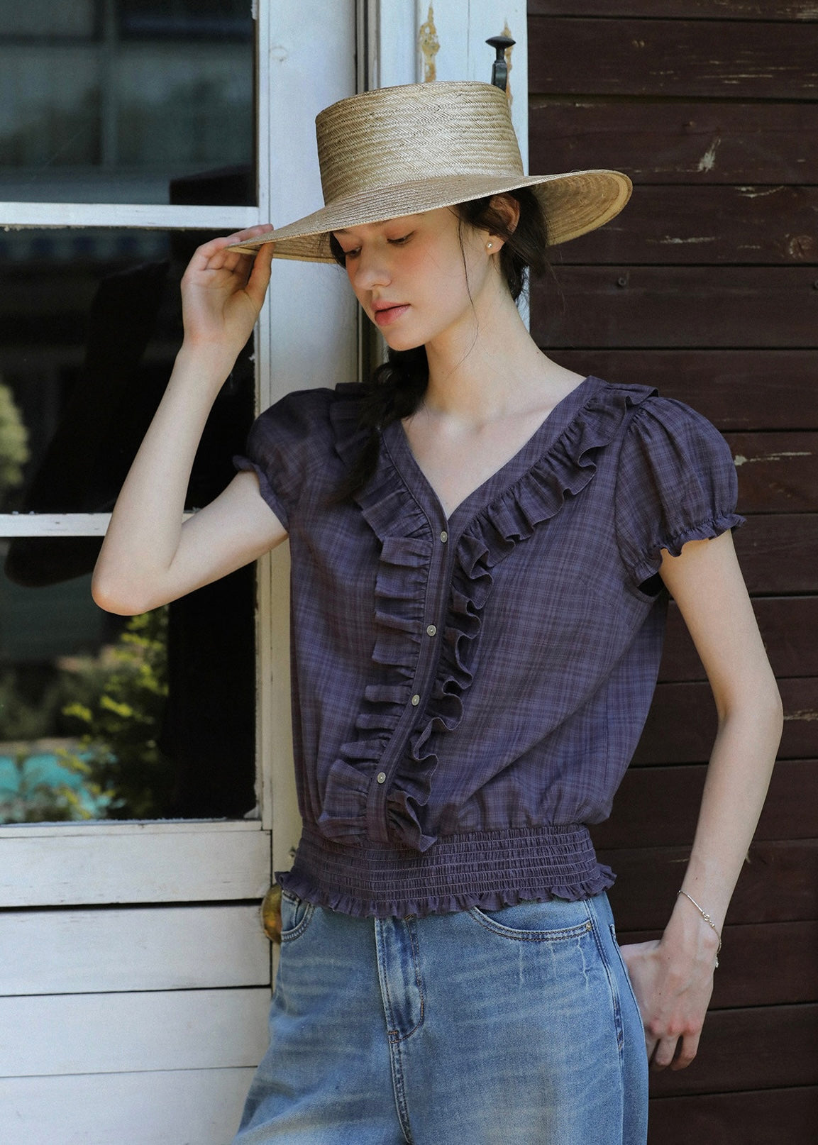 Plum Check Short Sleeve Ruffle Shirring Blouse