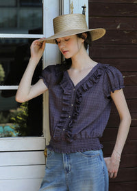 Plum Check Short Sleeve Ruffle Shirring Blouse