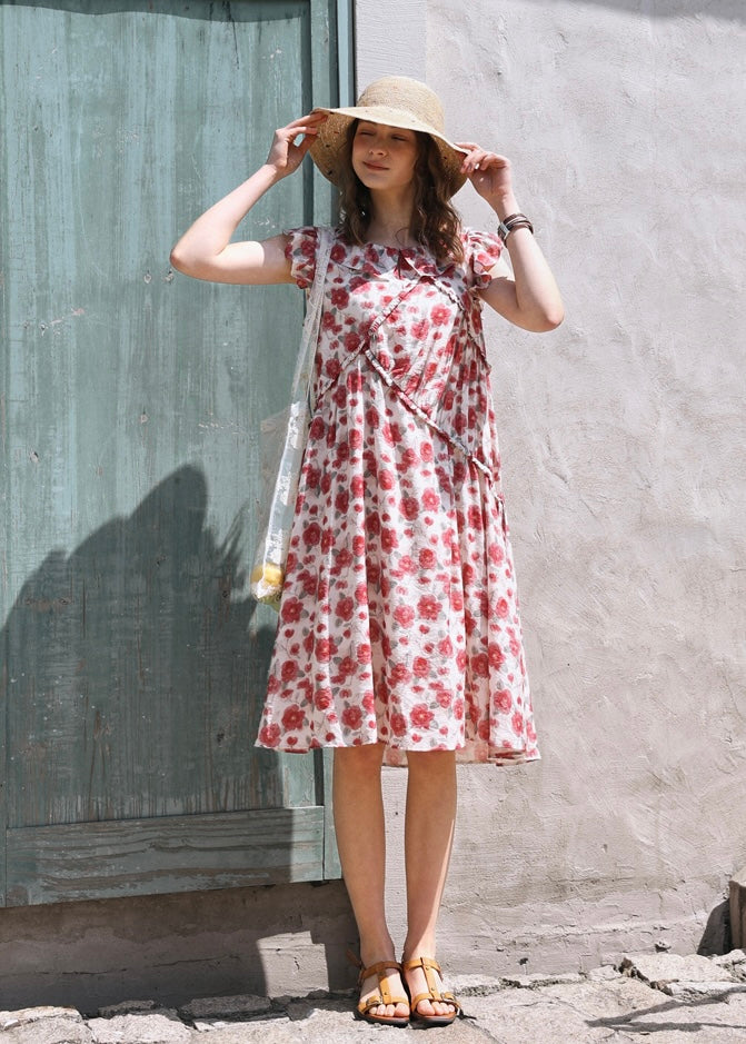 Rosalie Ruffle Floral Dress | Romantic Red Flower Midi Dress for Summer