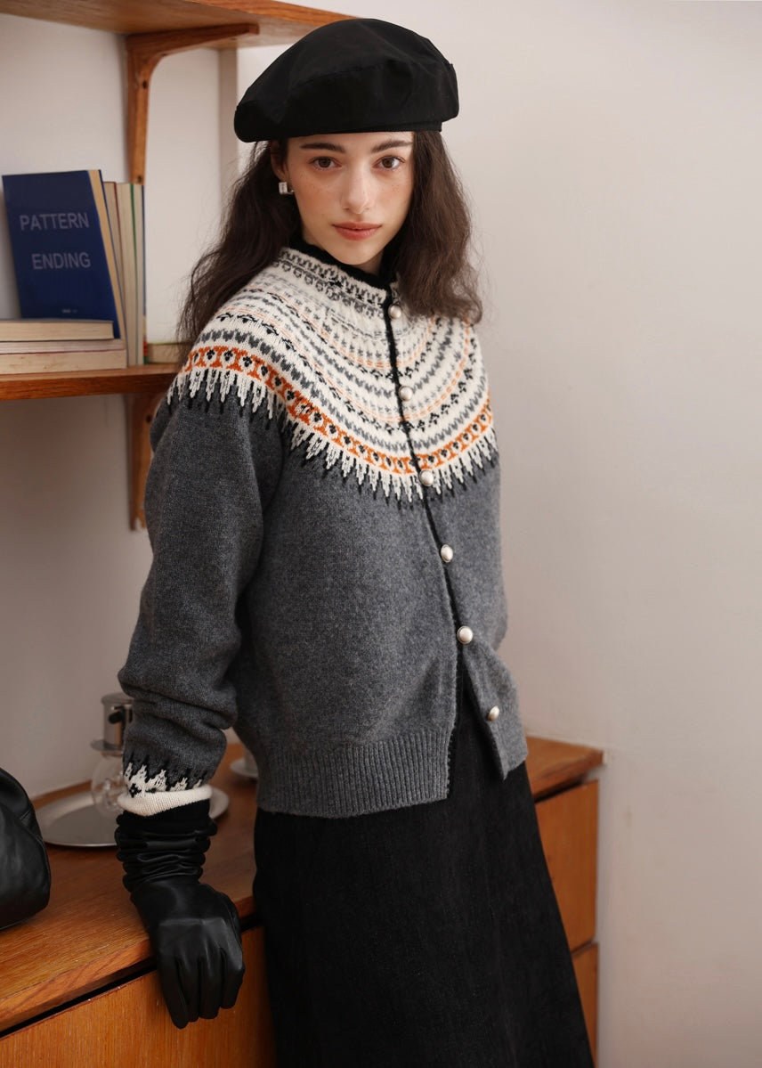 Romantic Fair Isle 100% Wool Vintage Cardigan(2COLOR)