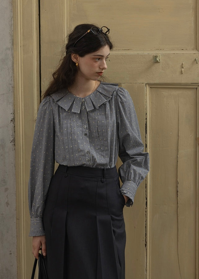 Vintage Dot Pintuck Ruffle Collar Blouse Shirt