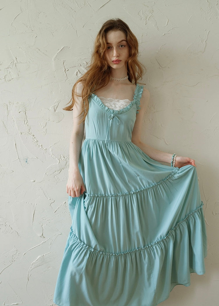 Mint Ruffle Melody Tiered Sleeveless Long Vintage Long Dress