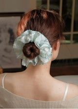 Mint Tulle Flower Ruffle Scrunchie Vintage Hair Tie