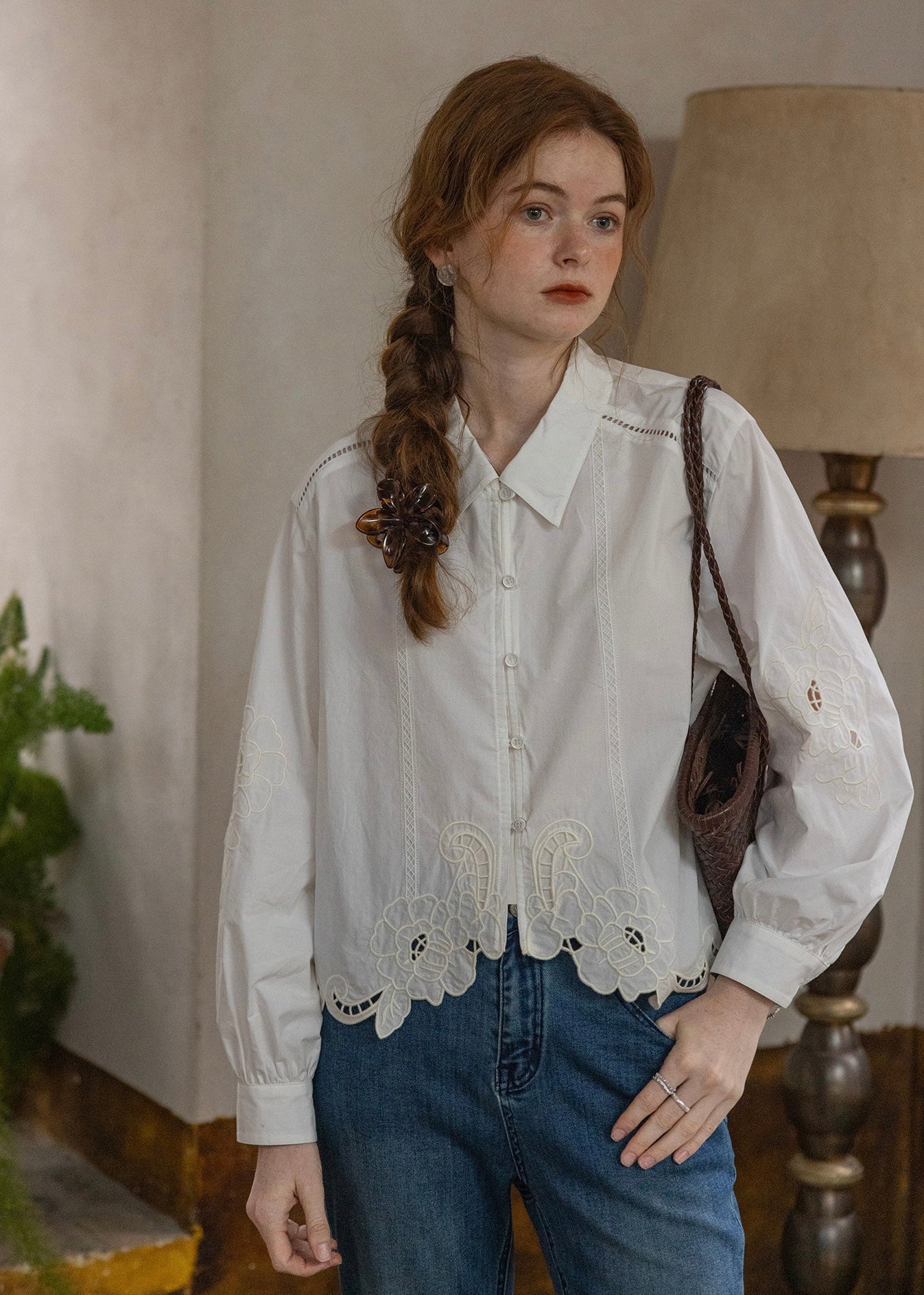 Veiled Petal Blouse Rose Cut-Out Embroidery Shirt(2COLOR)