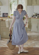 Blue Stripe Button Vintage Short Sleeve Dress