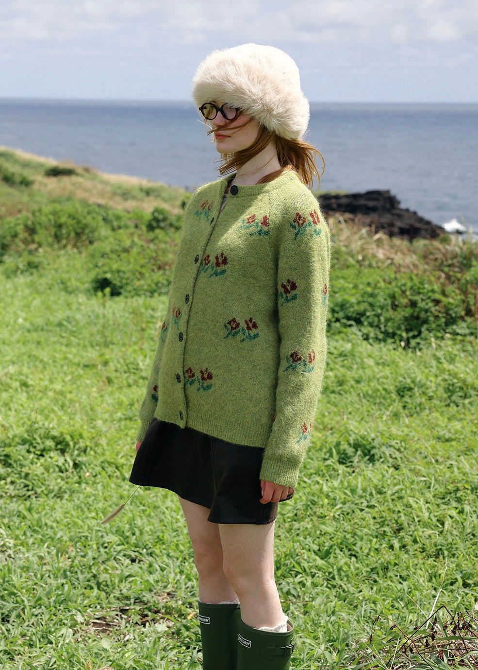 Mossy Rose Wool Floral Jacquard Cardigan