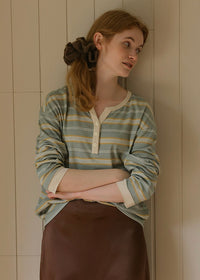 Vintage Stripe Henley Long Sleeve Knit Top