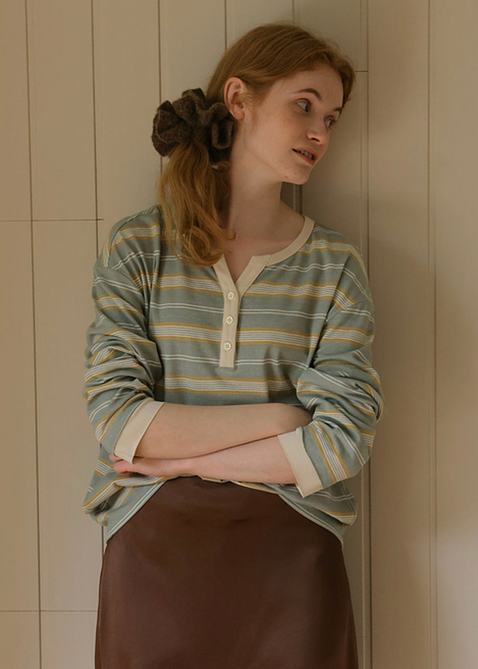 Vintage Stripe Henley Long Sleeve Knit Top