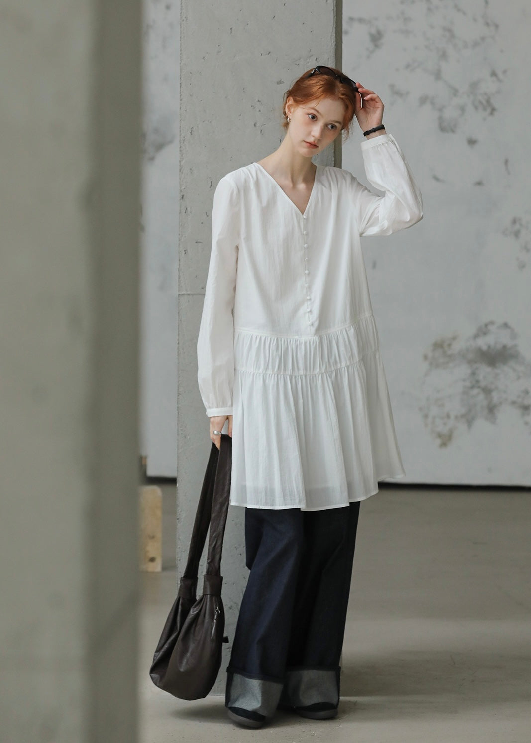 Shirred Waist Vintage Button V-Neck Dress(2COLOR)