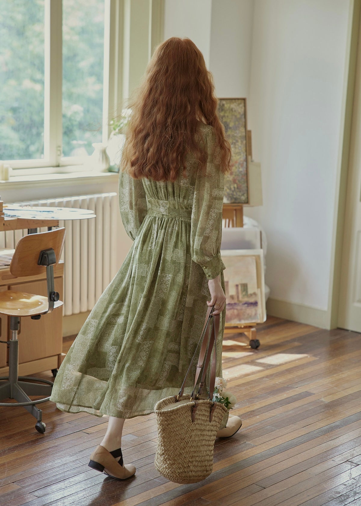 Vintage Sage Green Floral Wrap Maxi Dress