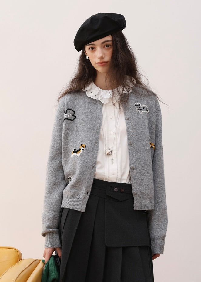 Little Friends Embroidery Knit Wool Cardigan(2COLOR)