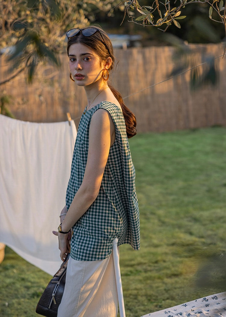 Lemon Noon Check Vest Top | Linen Cotton Sleeveless V-Neck Shirt(2COLOR)