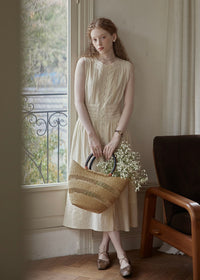 Ivory Lace Pintuck Button Front Midi Dress Sleeveless Vintage