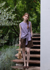 Lavender Knot Gingham Sleeveless Wrap Blouse