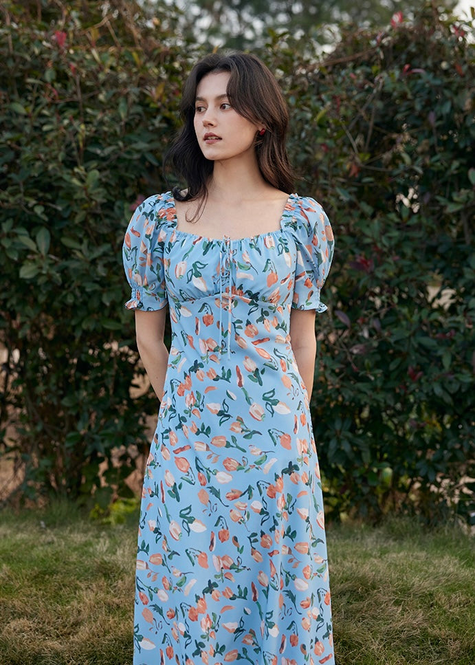 Blossom Breeze Dress | Puff Sleeve Blue Floral Summer Dress