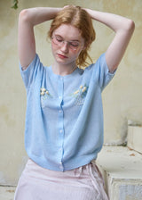 Lemon Letter Sky Knit Cardigan Blue Short Sleeve Knit Top