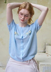 Lemon Letter Sky Knit Cardigan Blue Short Sleeve Knit Top