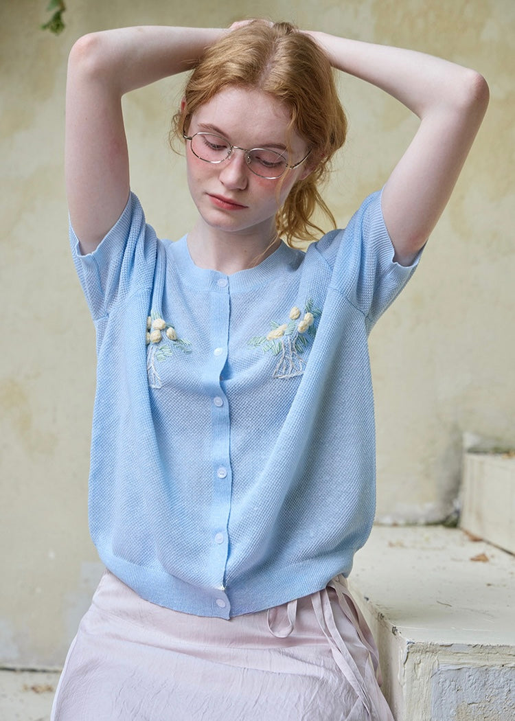 Lemon Letter Sky Knit Cardigan Blue Short Sleeve Knit Top