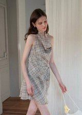 Sable Check Halter Wrap Mini Dress