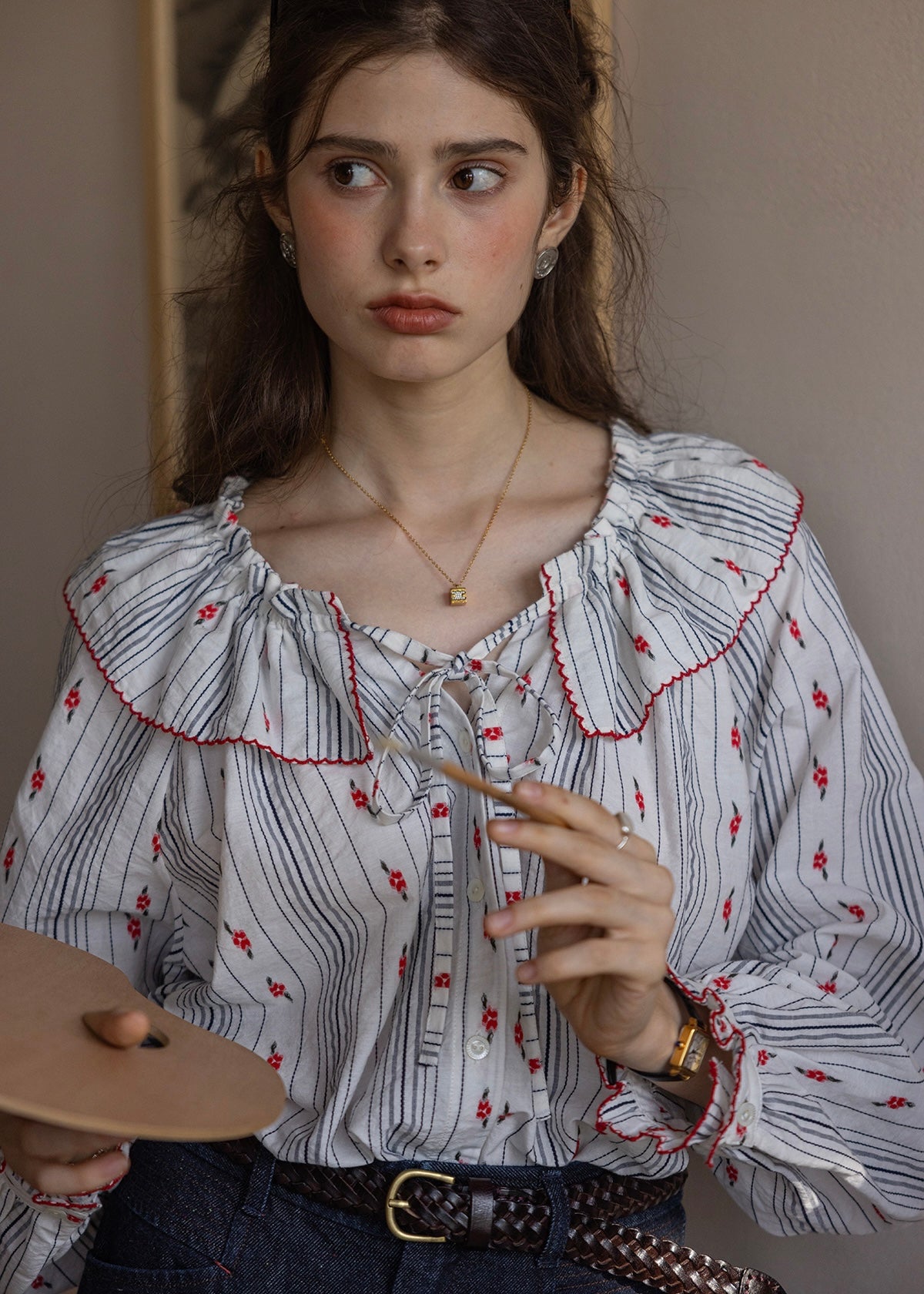 Red Stitch Romantic Vintage Ruffle Blouse