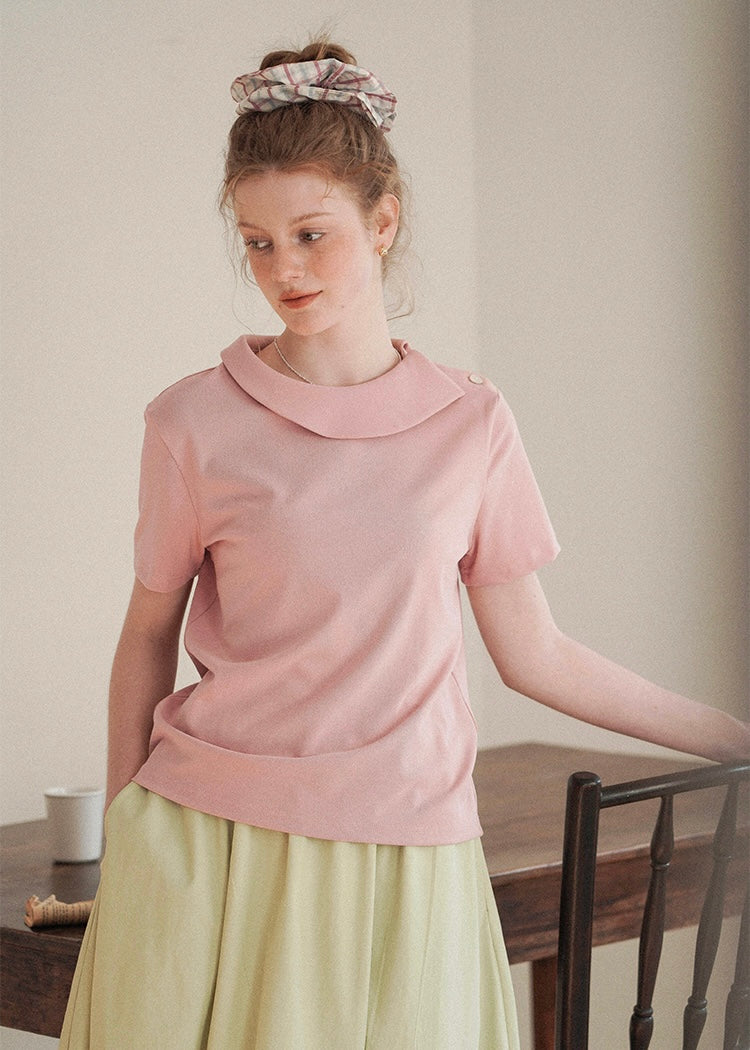 Morning Collar Knit Top Soft Vintage Short Sleeve Tee(2COLOR)