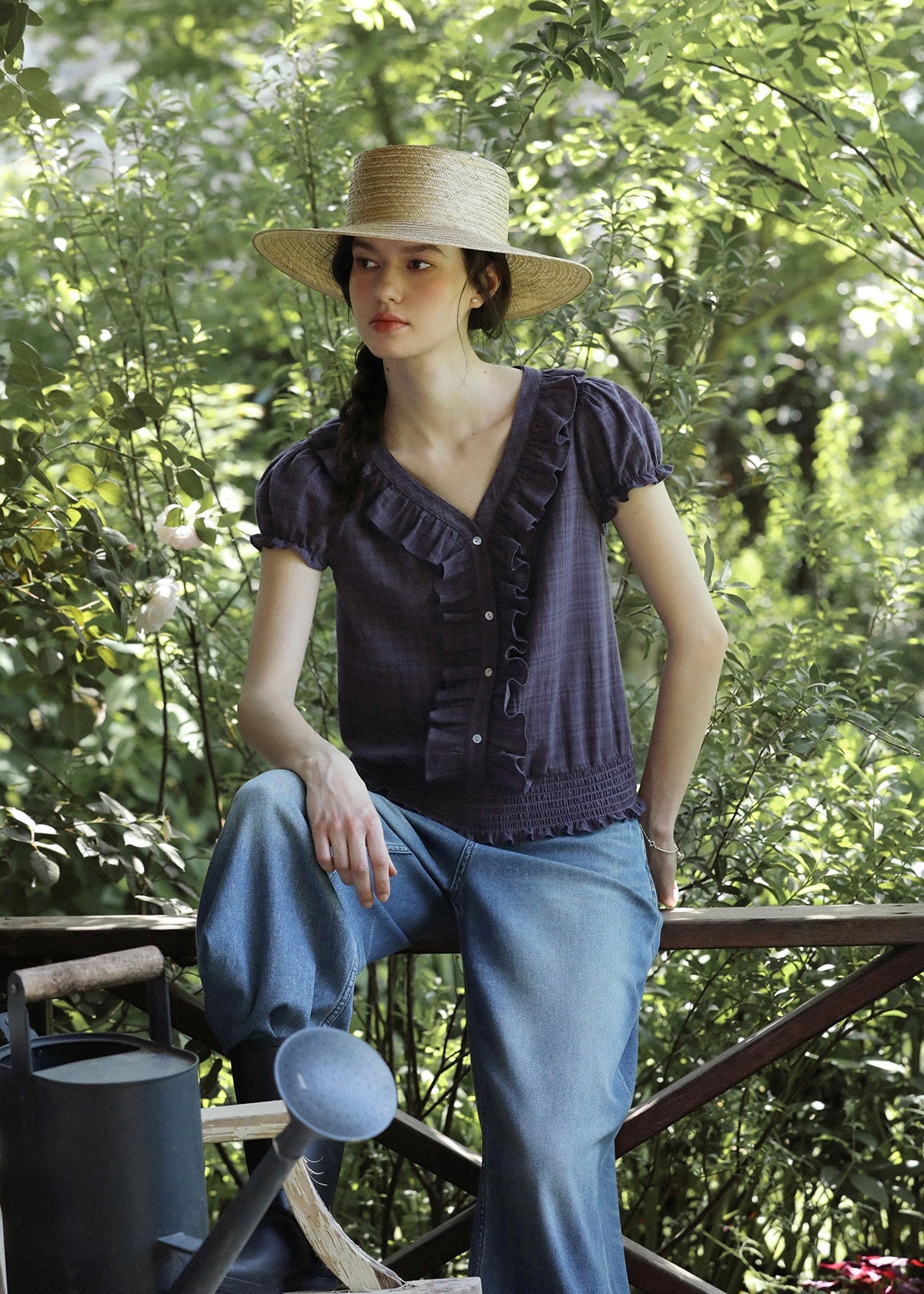 Plum Check Short Sleeve Ruffle Shirring Blouse