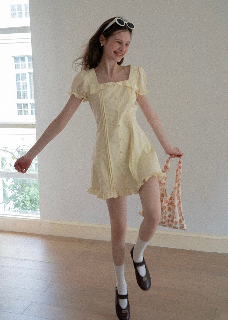 Lemon Meringue Soft Glow Vintage Puff Sleeve Mini Dress