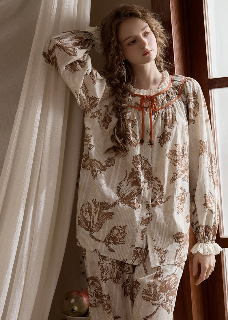 Vintage Floral Cotton Long Sleeve Women's Pajama Set(2COLOR)