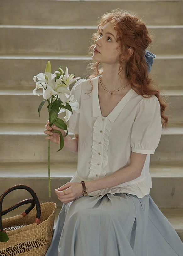 Classic Puff Sleeve Ruffle Button Blouse