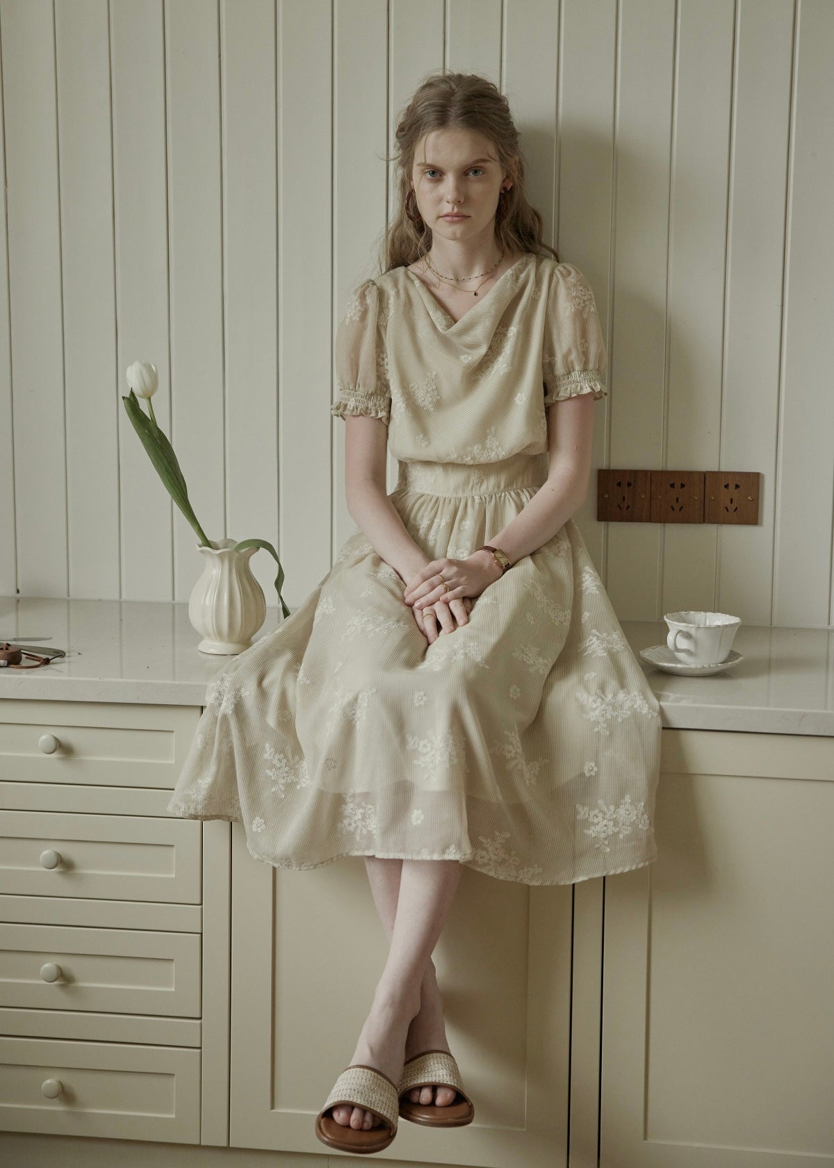Aveline Draped Neck Floral Embroidered Dress