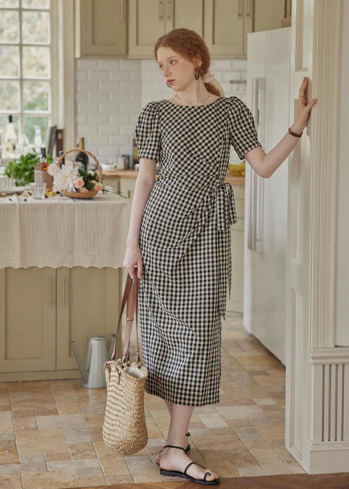 Black Gingham Wrap Dress Puff Sleeve Vintage Dress