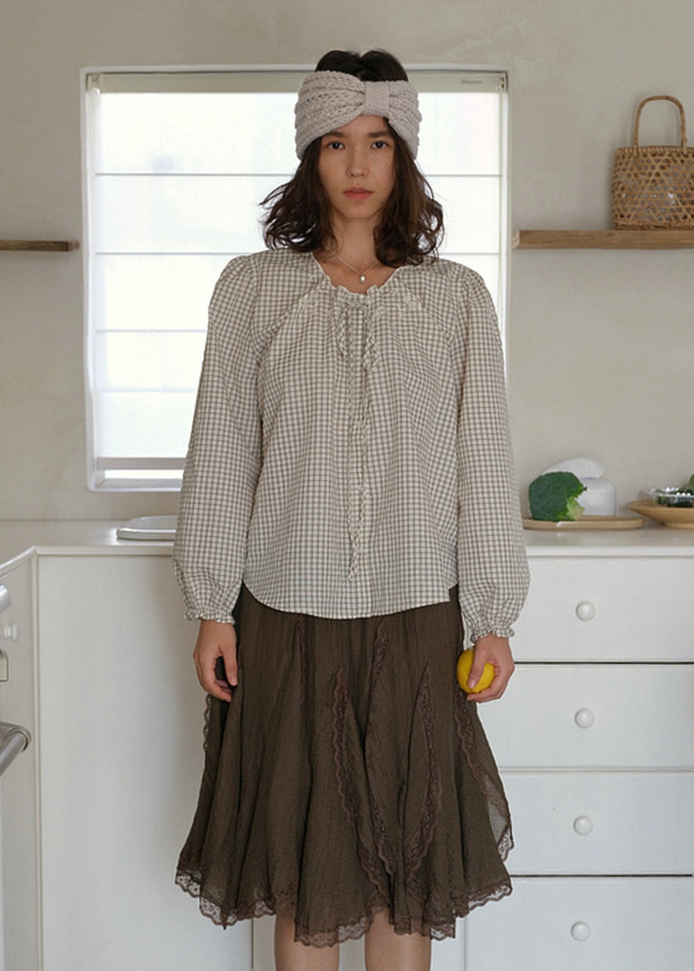 Vintage Gingham Embroidered Puff Sleeve Tie Front Blouse