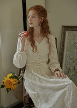 Cream Beige Vintage Ruched Waist Embroidered Dress