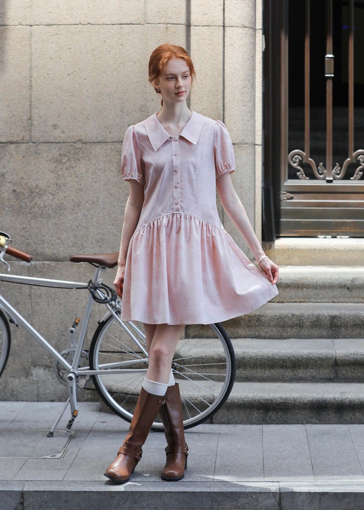 Rosecloud Button Soft Pink Puff Sleeve Mini Dress