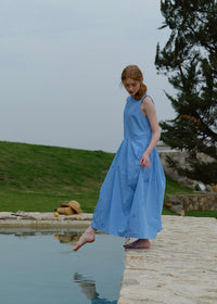 Sky Blue Sleeveless Cotton Summer Loose and Slim Dress