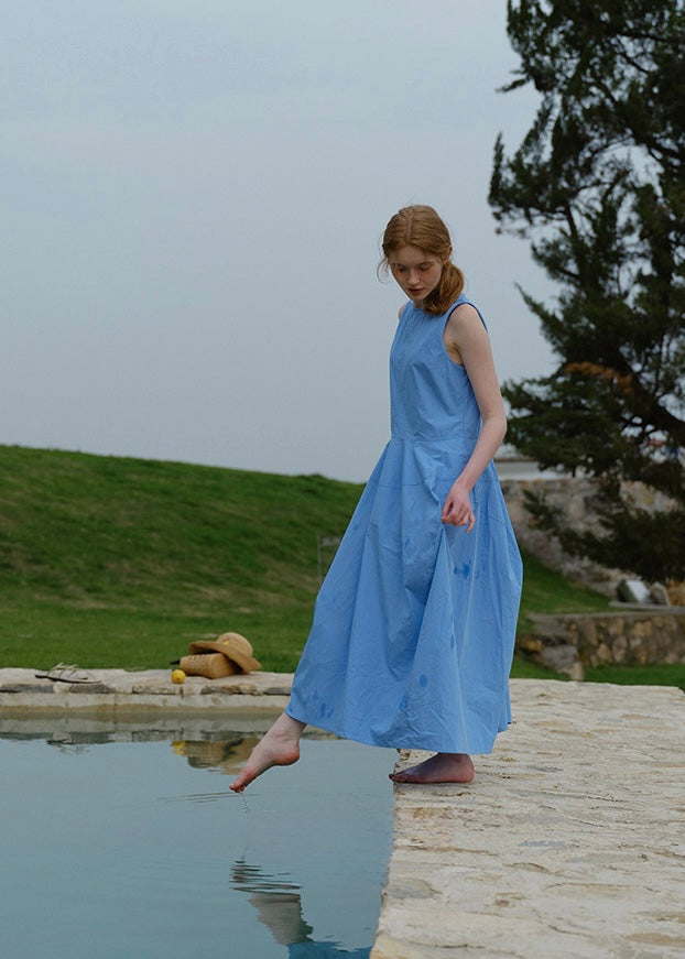 Sky Blue Sleeveless Cotton Summer Loose and Slim Dress