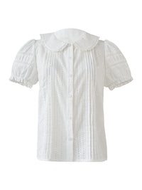 Evelyn Eyelet Blouse | Vintage White Cotton Shirt with Pintuck and Lace Collar