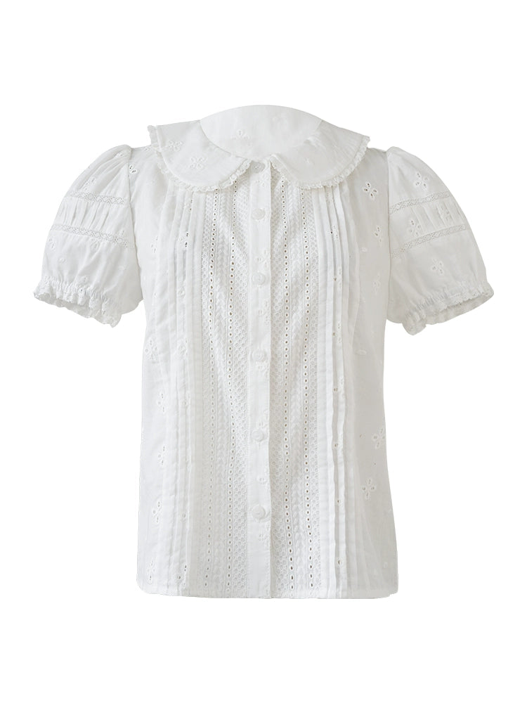 Evelyn Eyelet Blouse | Vintage White Cotton Shirt with Pintuck and Lace Collar