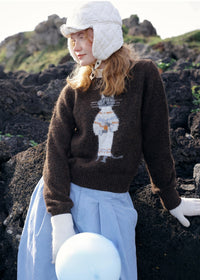 Vintage Cat Jacquard Crew Neck Knit Sweater
