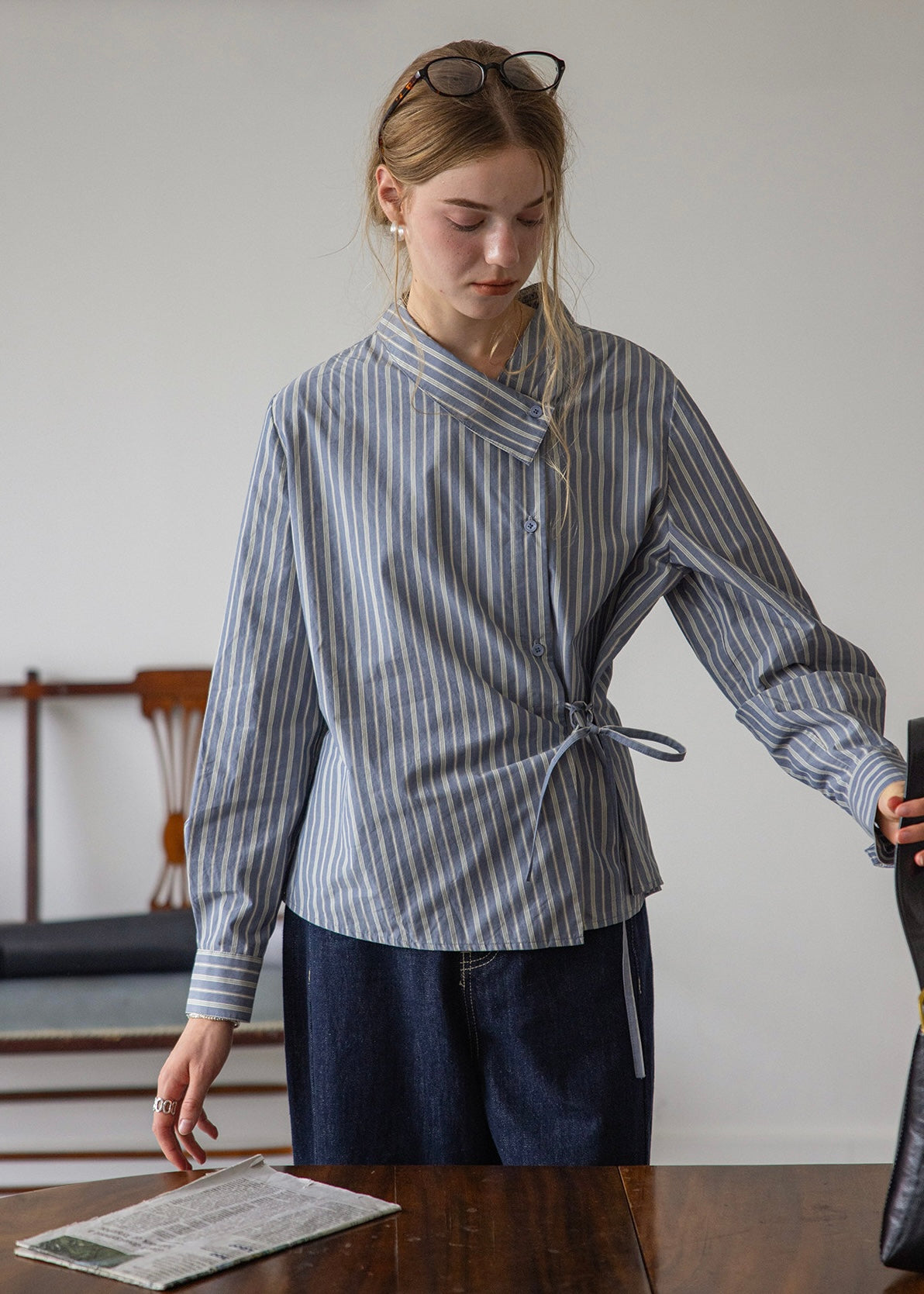 Maren Mist Blue Striped Wrap Shirt