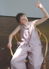 Soft Mauve Cotton Pajama Set Vintage Check Sleeveless Wide Lounge Set