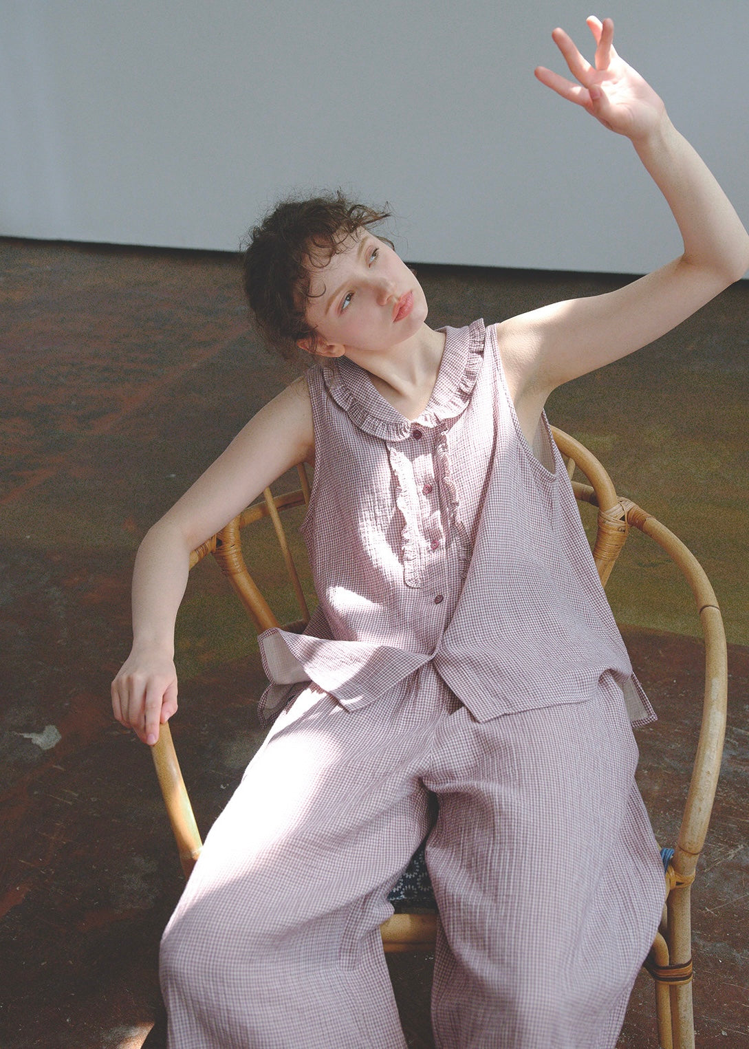 Soft Mauve Cotton Pajama Set Vintage Check Sleeveless Wide Lounge Set