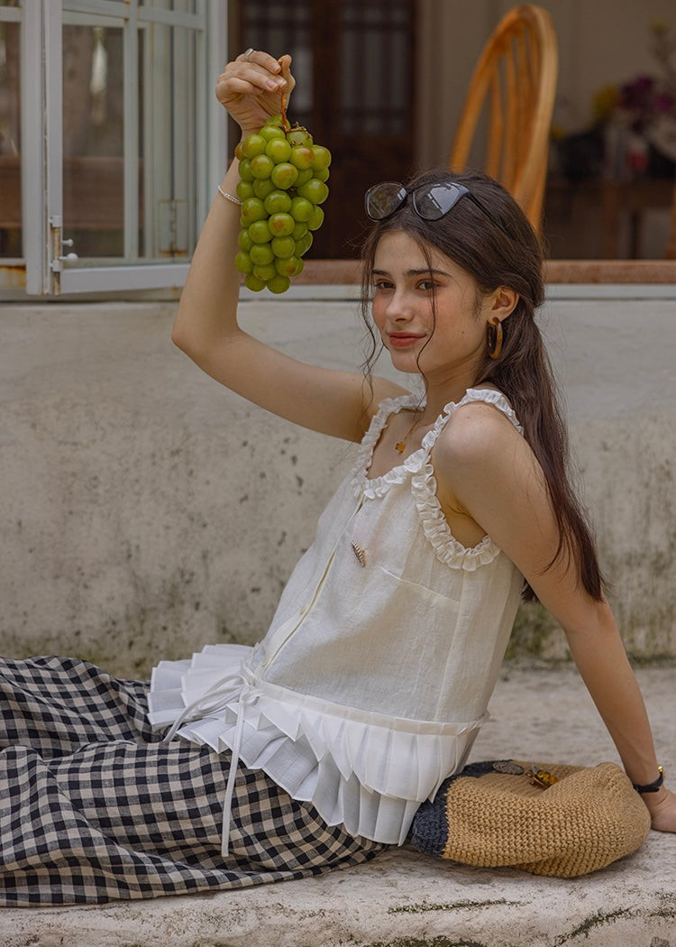 Lily Ruffle Blouse | Romantic White Frill Linen Sleeveless Top